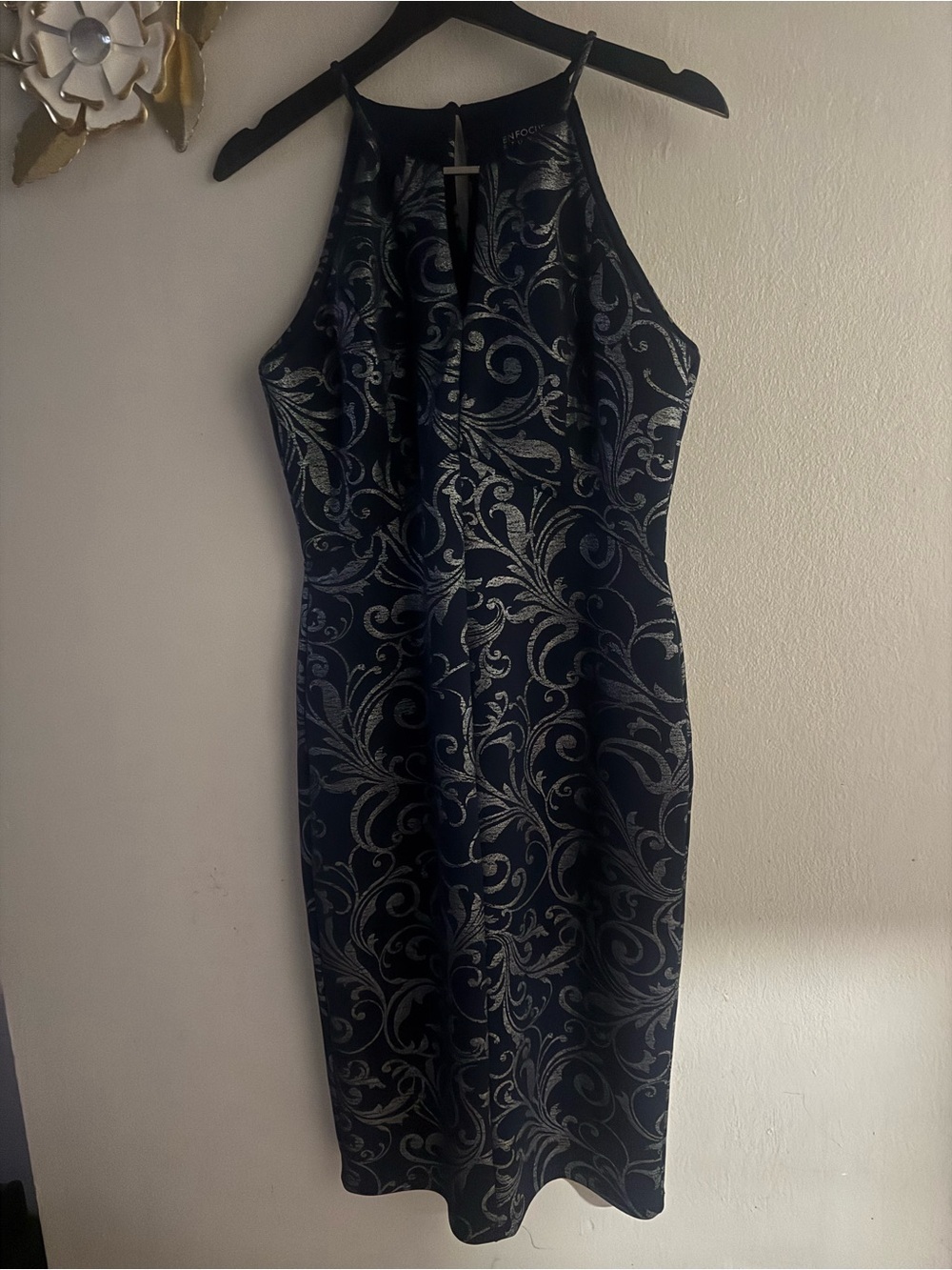 Enfocus Studio Navy Halter Sheath Dress with Silver Scrolls